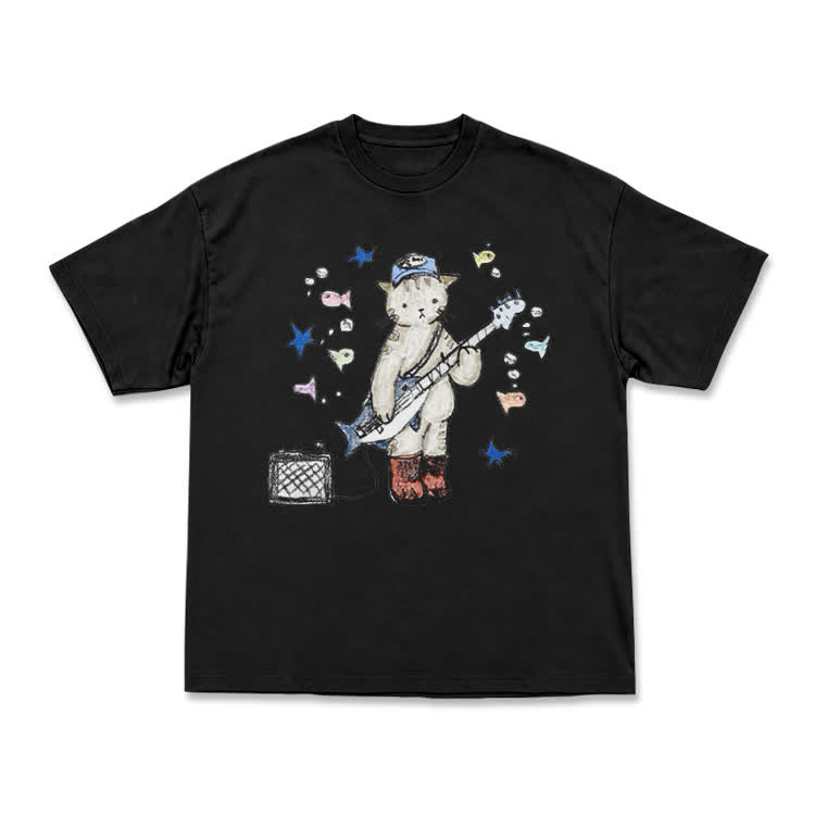 Artistic Star and Fish Guitar Cat Illustration T-Shirt