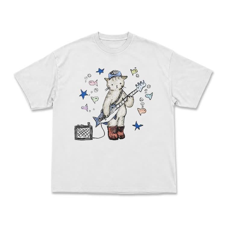 Artistic Star and Fish Guitar Cat Illustration T-Shirt