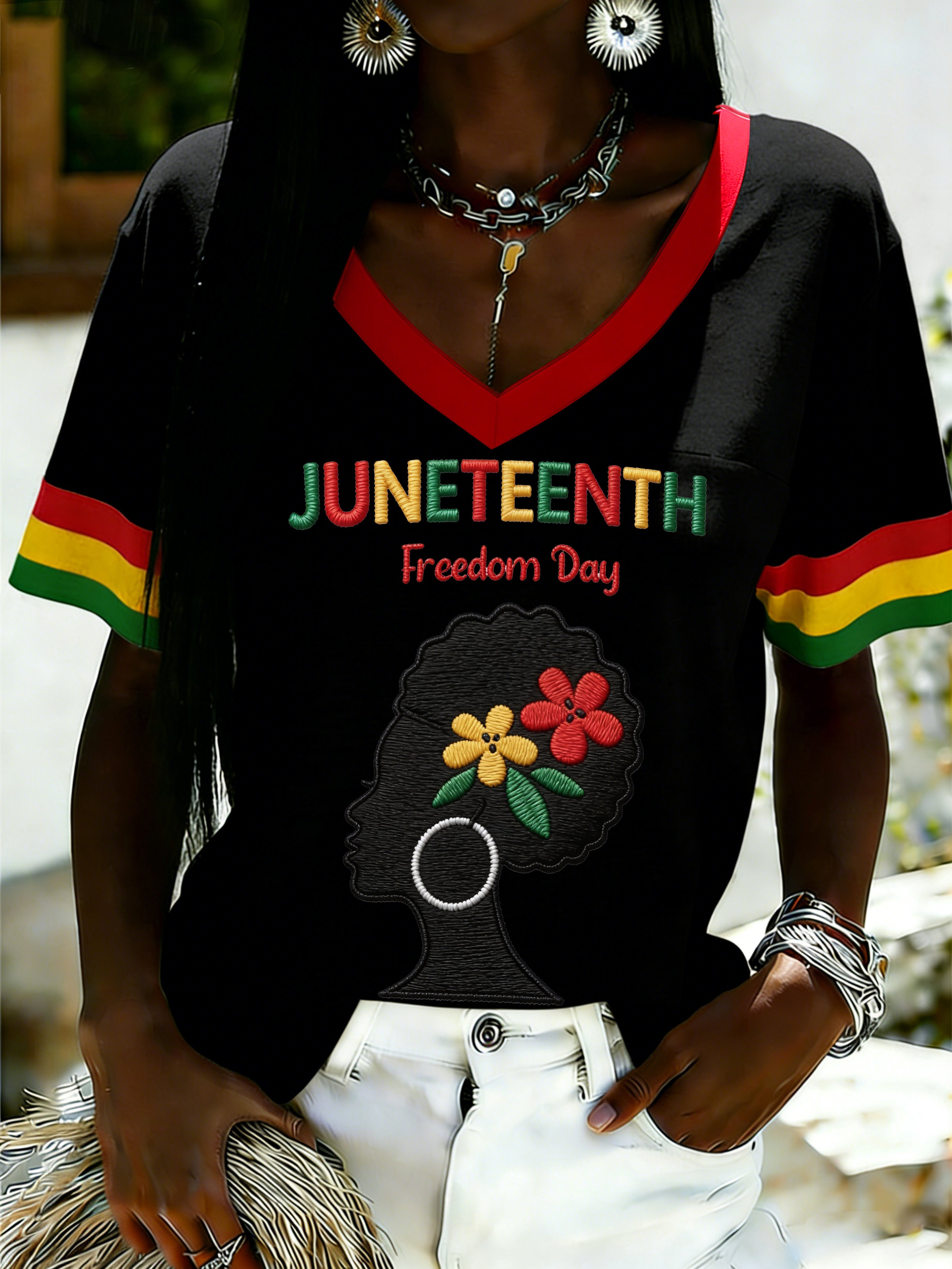 African American Women's Juneteenth Print V-Neck Top