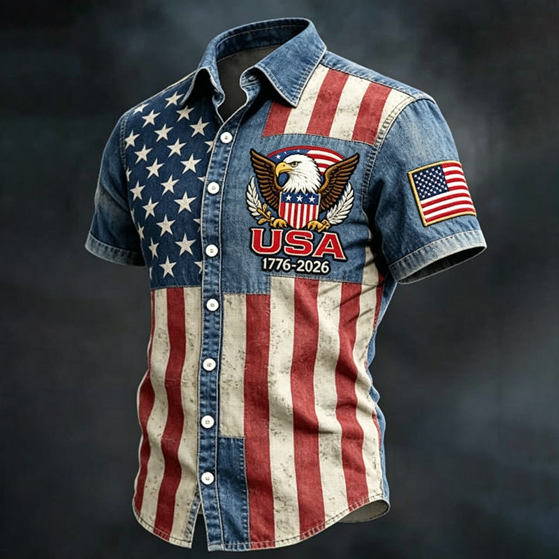 Men's Flag Art Print Flowy Linen Blend Short Sleeve Shirt