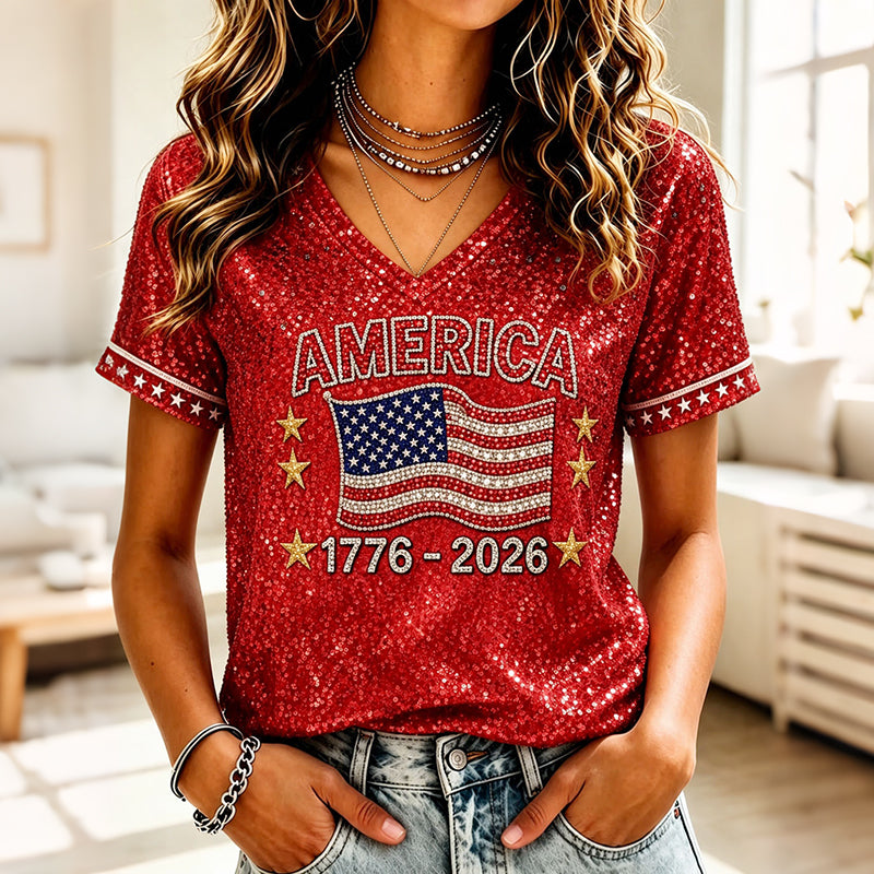 Women's American Anniversary Sequins Print Casual T-shirt
