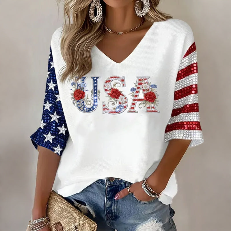 Women's Flag Art Three-quarter Sleeve V Neck Linen Tops