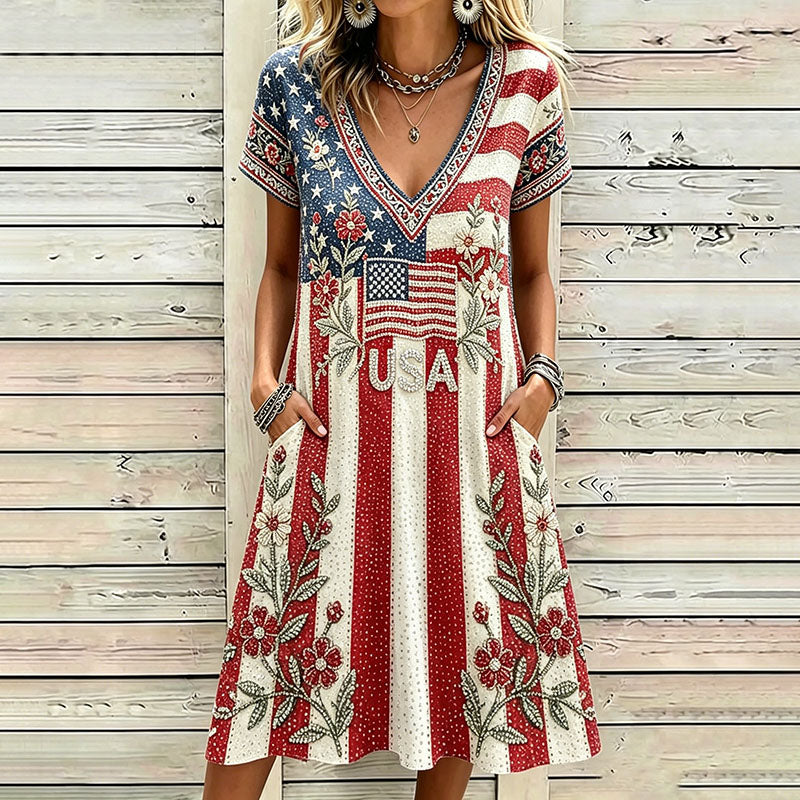 Women's America Hot Drill Floral Art Print Casual Dress