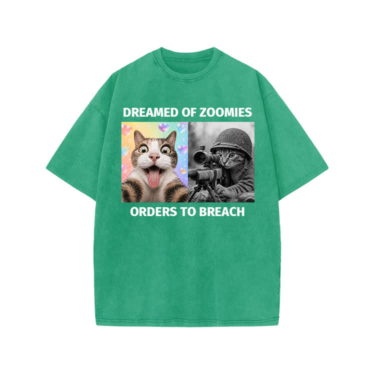 Streetwear Zoomies Cat Graphic Print Acid Washed T-shirt