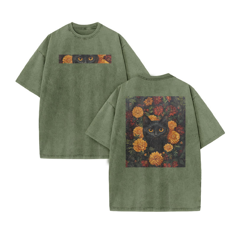 A Black Cat In A Field Of Chrysanthemums Print Acid Washed T-shirt