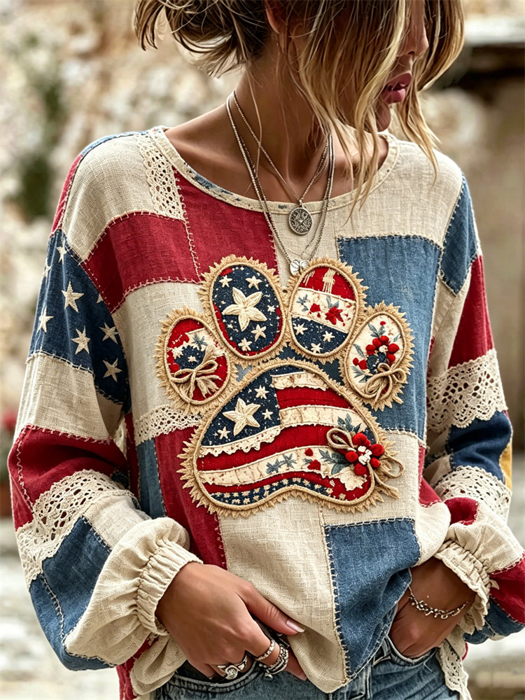 Floral Paw Prints American Flag Patchwork Linen Tunic