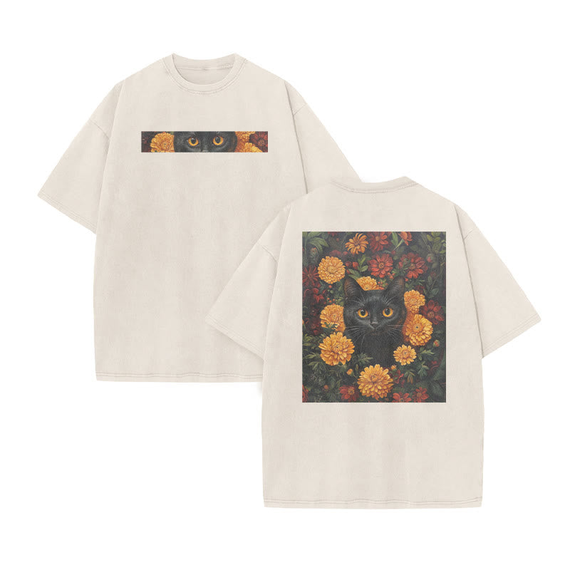 A Black Cat In A Field Of Chrysanthemums Print Acid Washed T-shirt