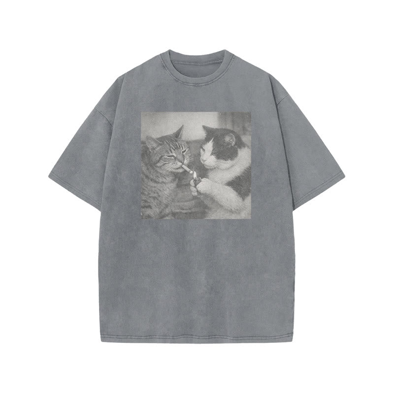 Cow Cat Lighting For Tabby Cat Print Acid Washed T-shirt