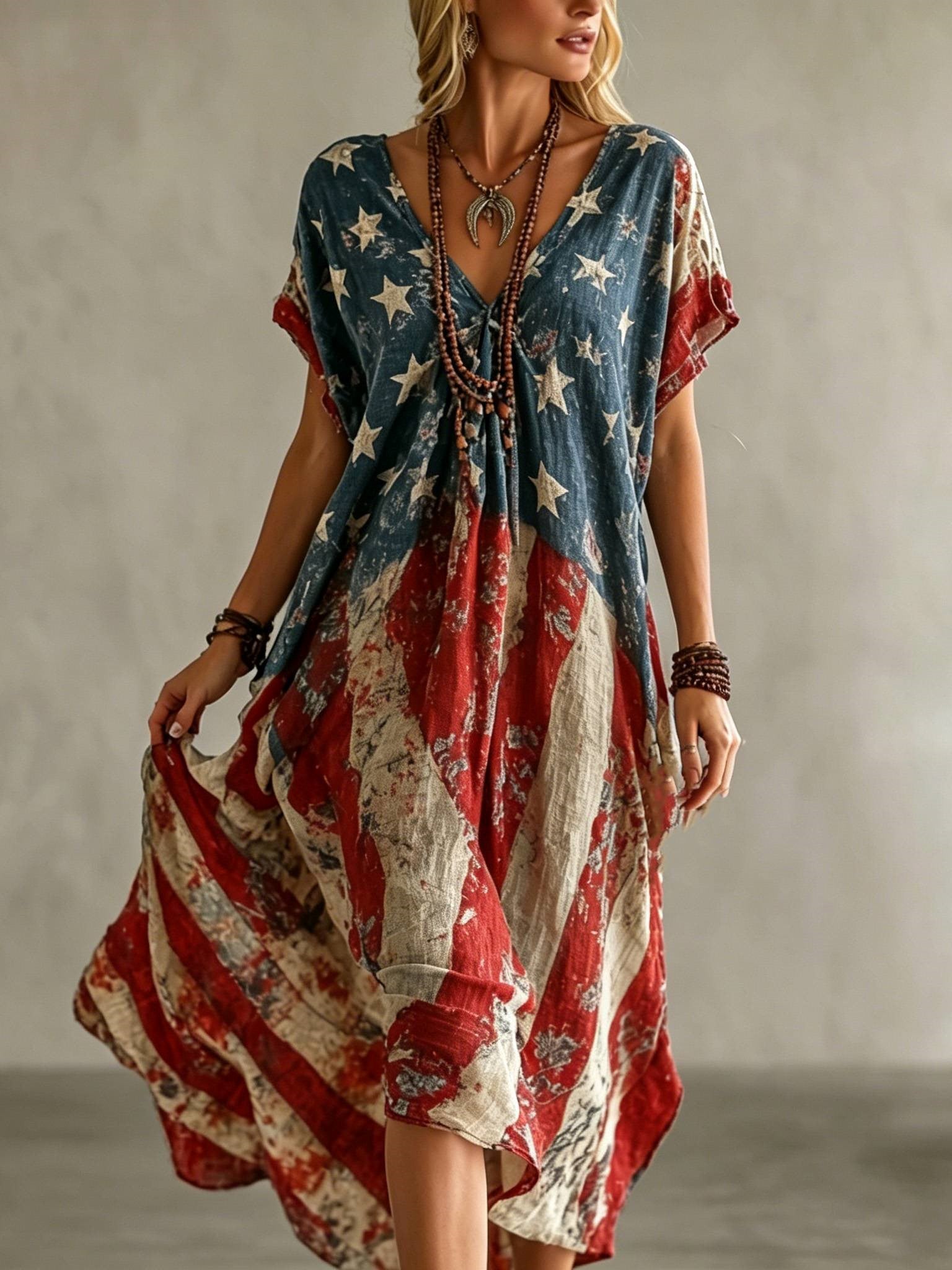 Women's Retro American Flag Floral Patchwork Art Comfortable Cotton Linen Dress