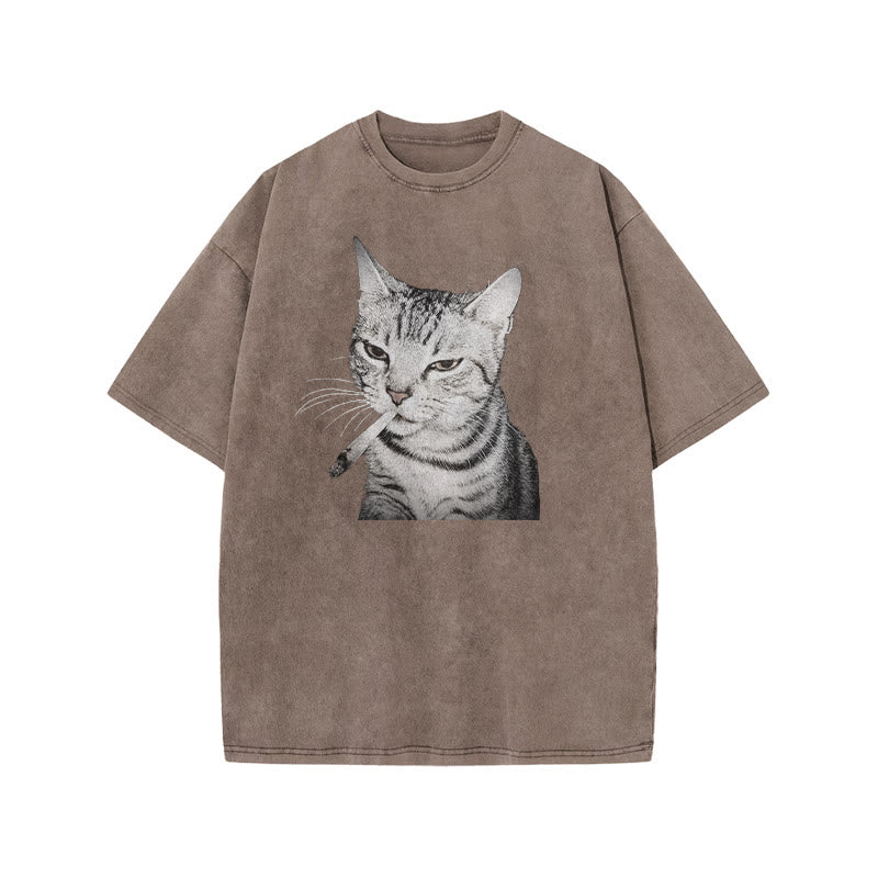 Tabby Cat With A Cigarette In Its Mouth Print Acid Washed T-shirt