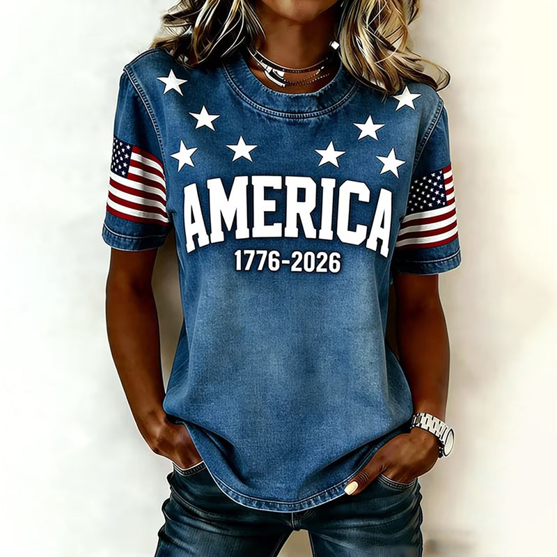 Women's 1776 Independence Day Flag Print Casual T-shirt