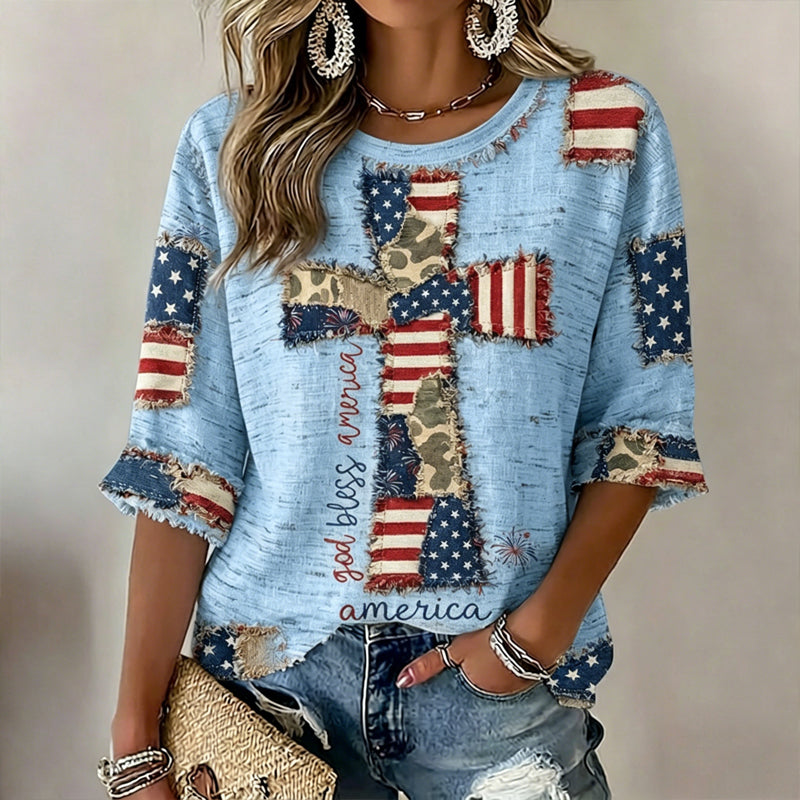Women's  Flag In Faith Art Three-quarter Sleeve V Neck Linen Tops
