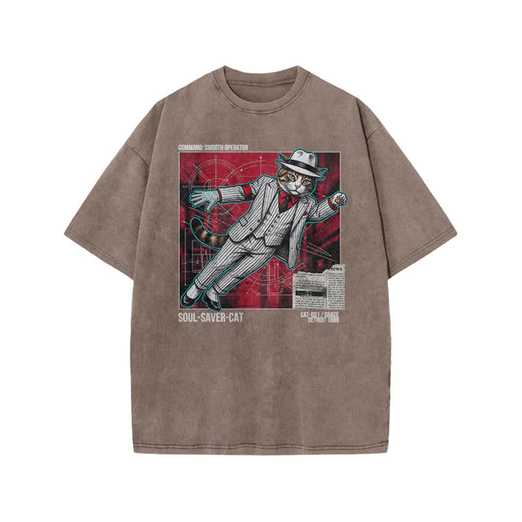 Vintage Soul Saver Cat Graphic Print Acid Washed T-shirt