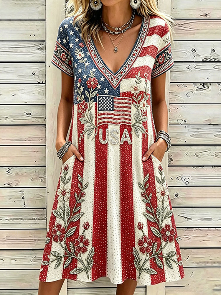 Women's America Hot Drill Floral Art Print Casual Dress