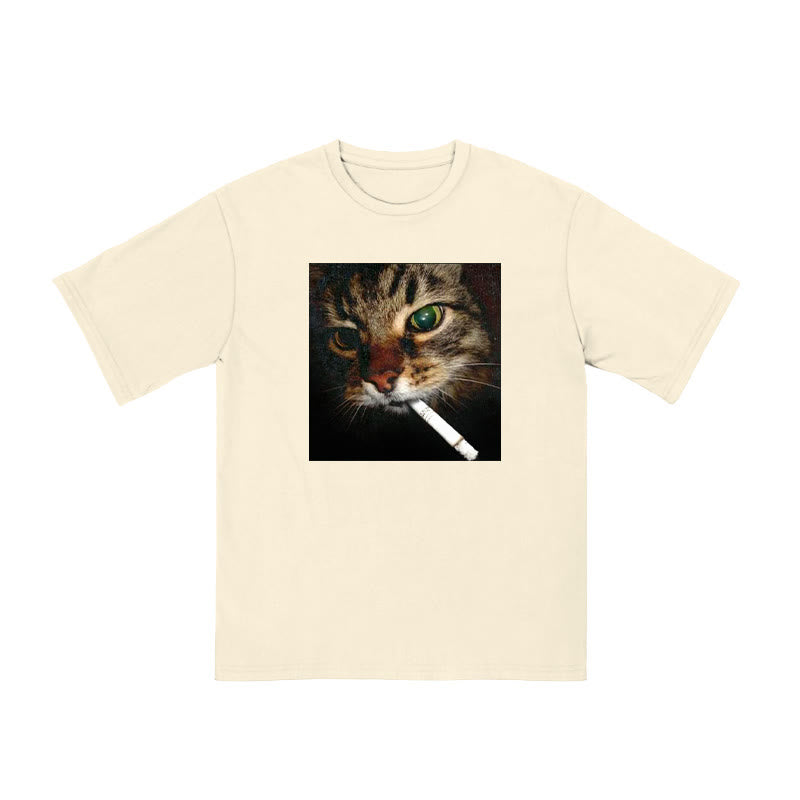 Unisex Cat With Cigarette In Mouth Print T-shirt