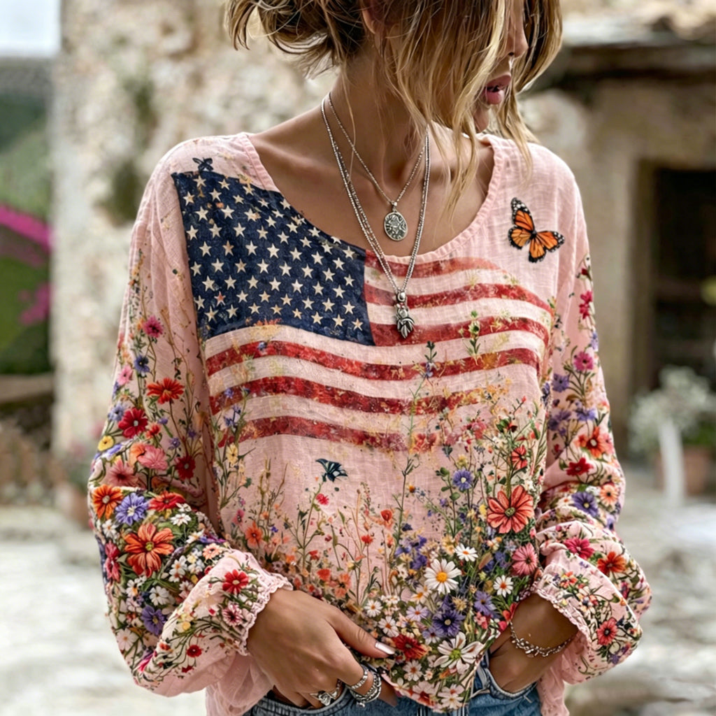 Women's Independent Flag Floral Print Crew Neck Linen Blend T-shirt