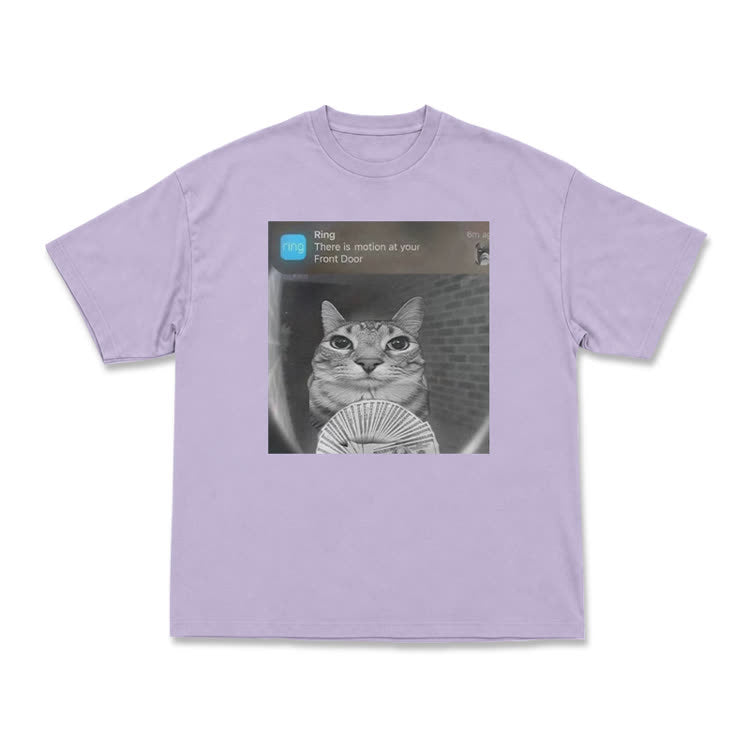 Casual Cat Doorbell Graphic Crew Neck T Shirt