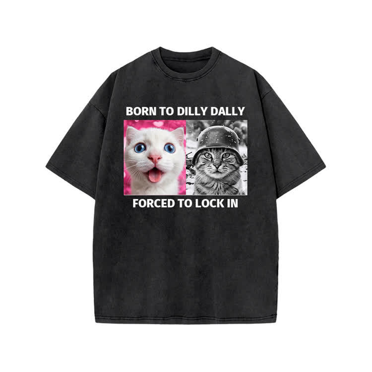 Retro Lock In Cat Photo Graphic Print Acid Washed T-shirt