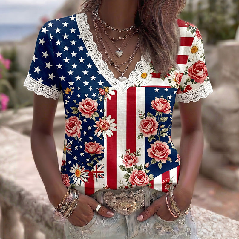 Women's American Anniversary Flag Floral Print V-neck Linen Blend T-shirt