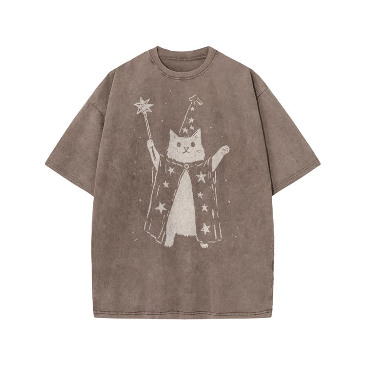 Vintage Wizard Cat Graphic Print Acid Washed T-shirt