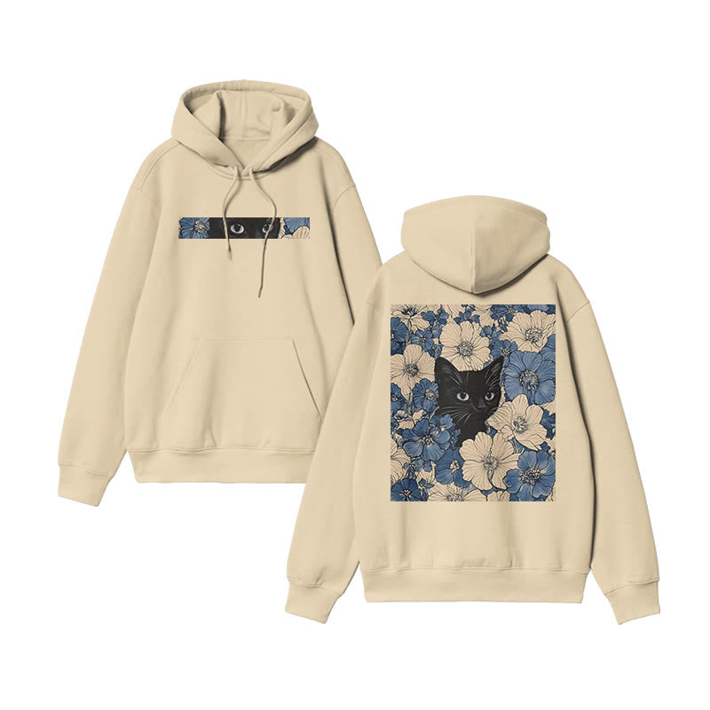 Black Cat In A Patchwork Flower Field Print Hoodie