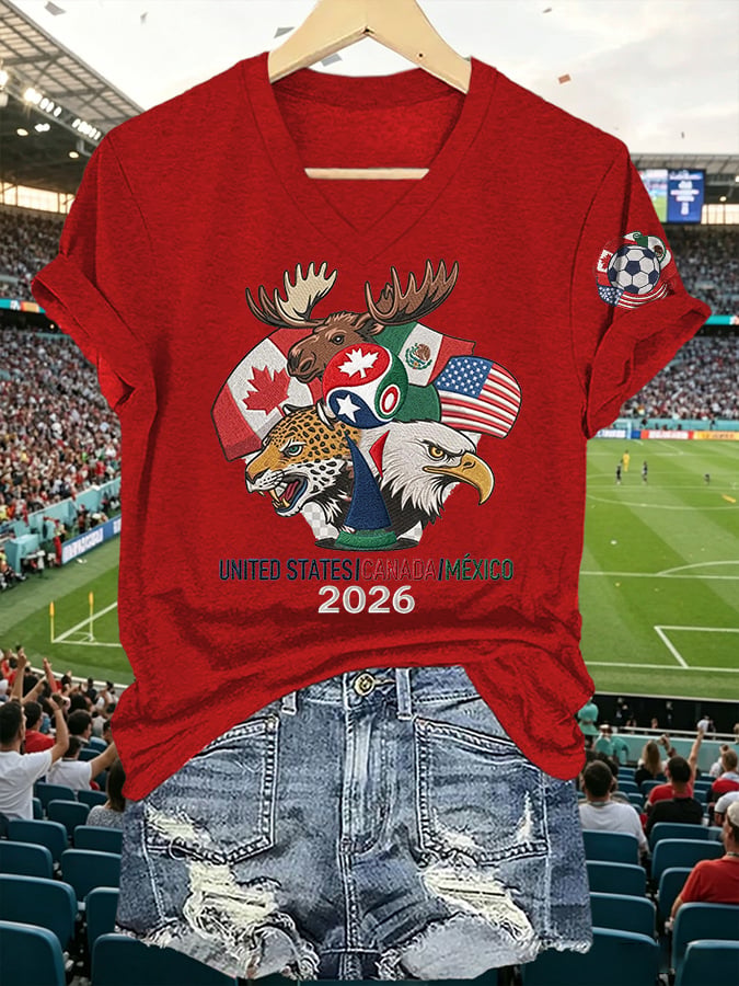 V-Neck Retro 2026 Soccer Mexico United States Canada Print T-Shirt