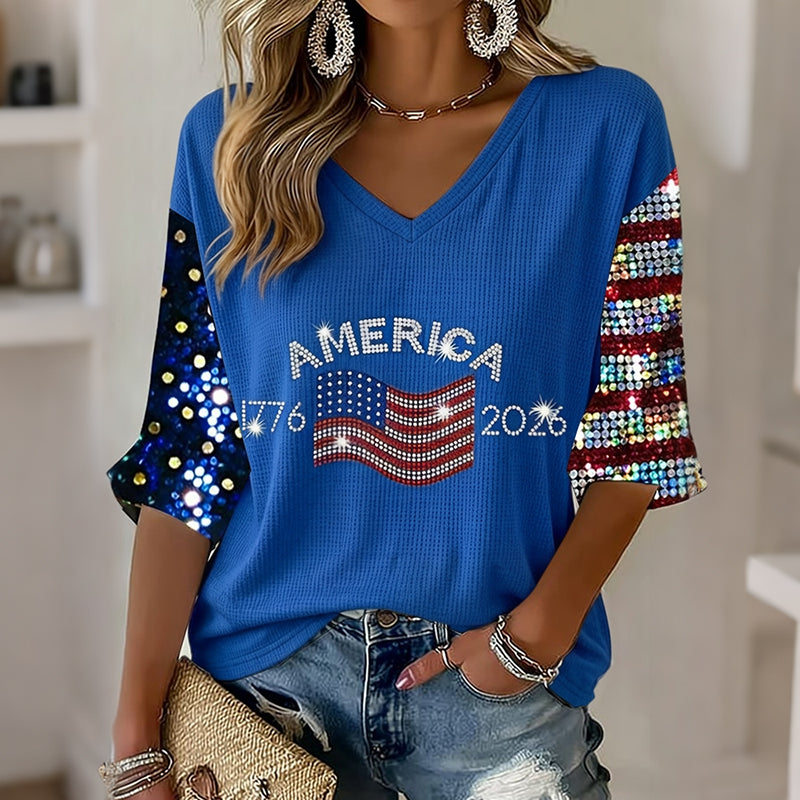 Women's Retro Independence Day Flag Art V Neck Linen Tops