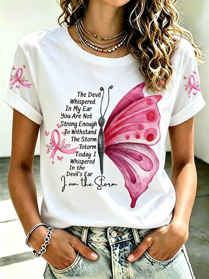 Women's Retro Flower Breast Cancer Awareness Printed T-Shirt