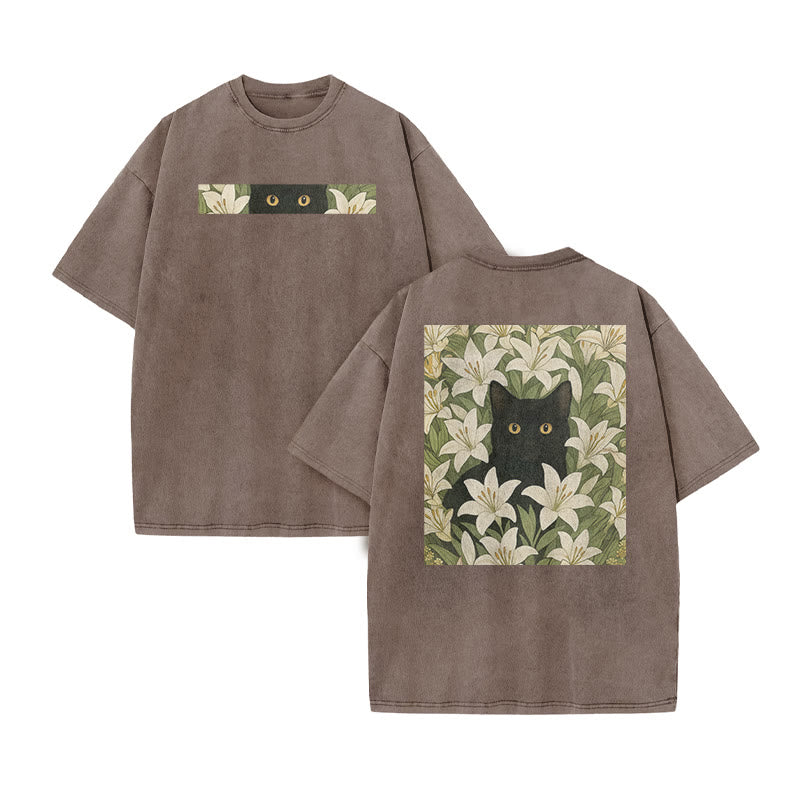 A Black Cat In A Field Of White Lilies Print Acid Washed T-shirt