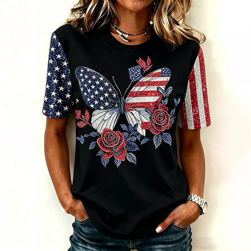 Women's Independence Day Themed Rhinestone Butterfly And Floral Art Casual T-shirt