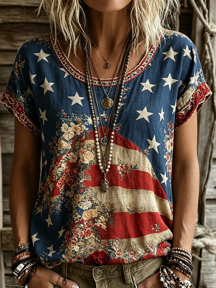 Women's Usa Inspired Floral Linen Blend T-shirt