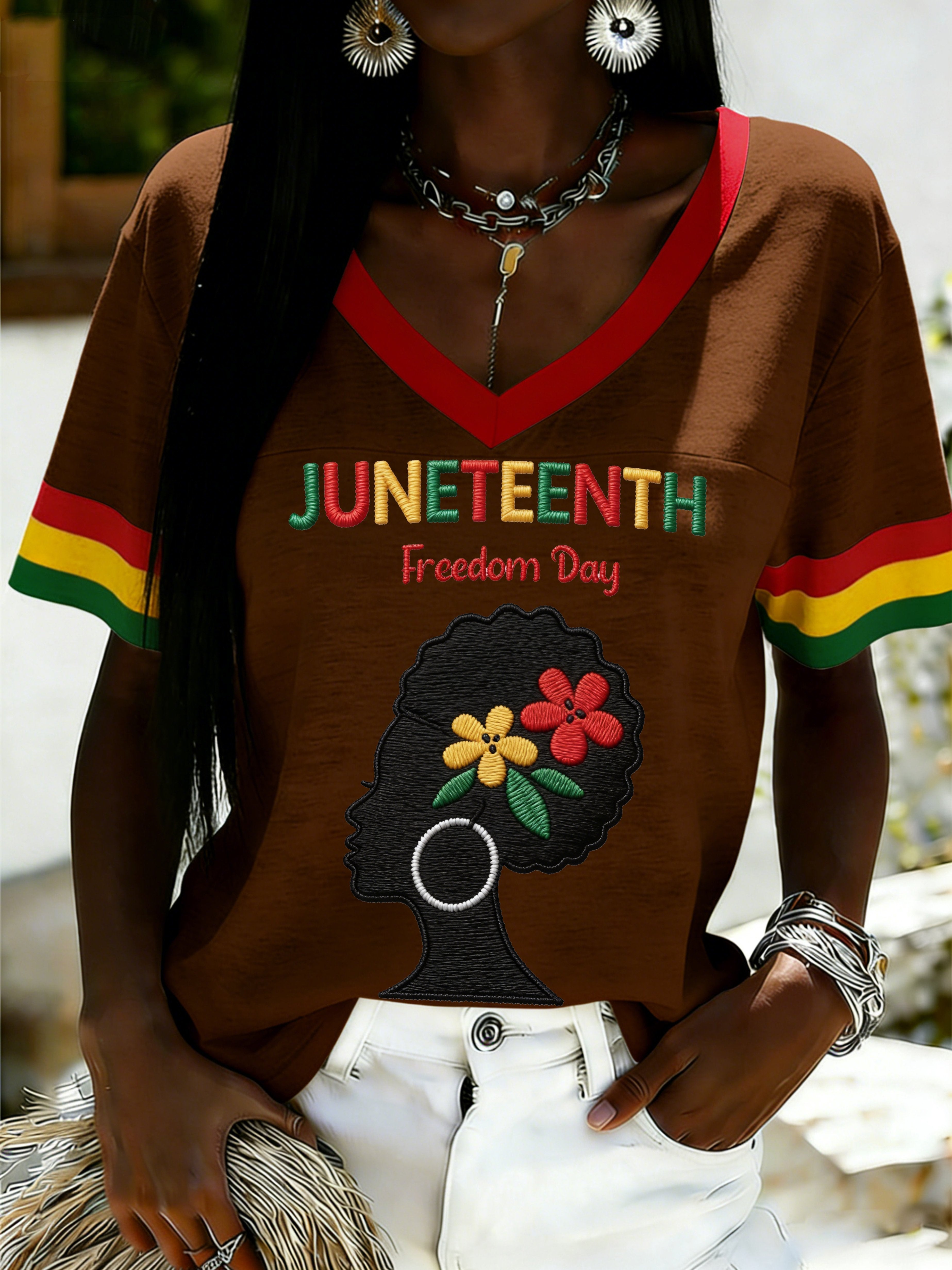 African American Women's Juneteenth Print V-Neck Top