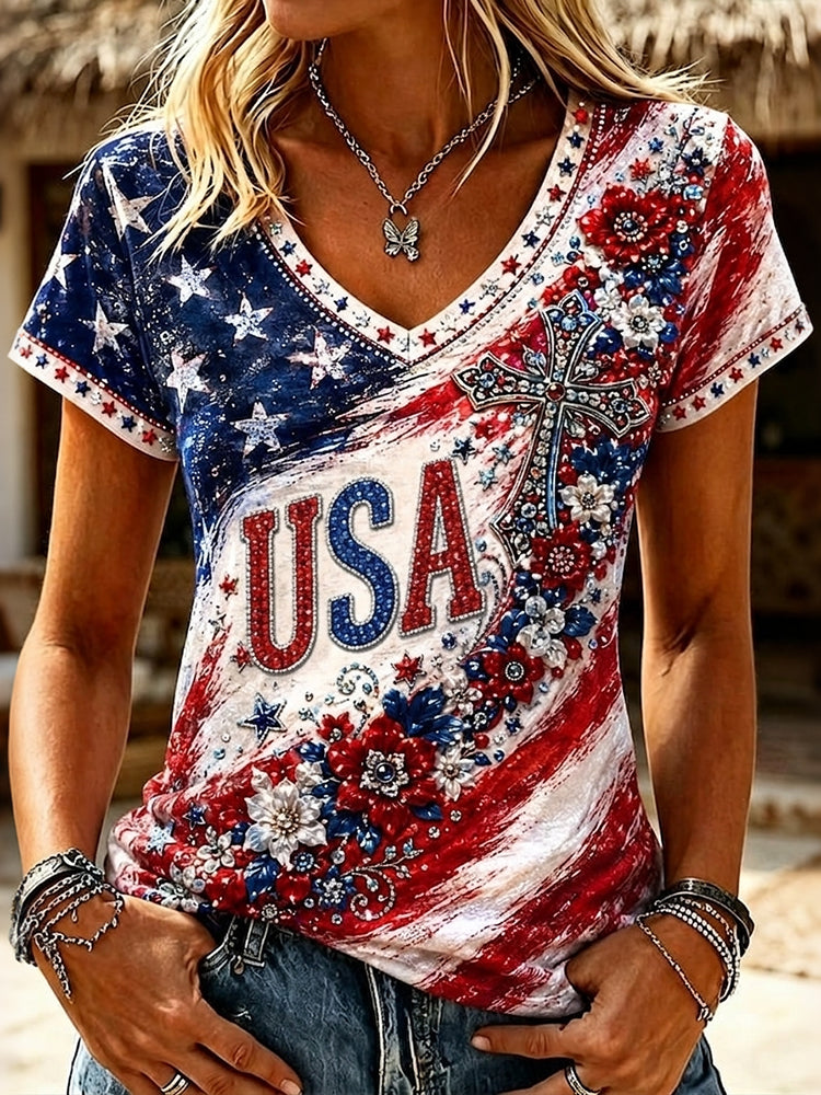 Women's Vintage Independence Day Flag Flower Art V-neck Short Sleeve T-shirt