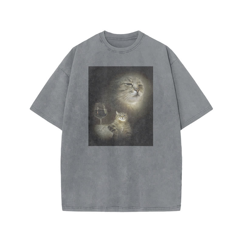 Unisex Cat And Wine Print Acid Washed T-shirt
