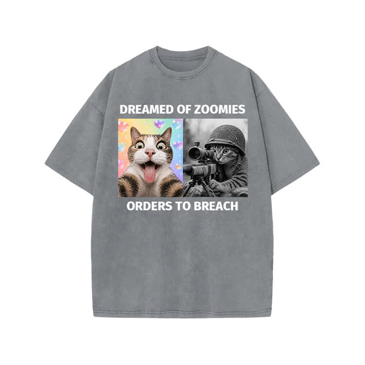 Streetwear Zoomies Cat Graphic Print Acid Washed T-shirt
