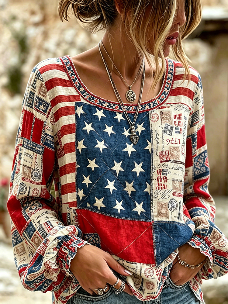 Women's Vintage Flag Plaid Patchwork Art Linen Blend Casual  Tops