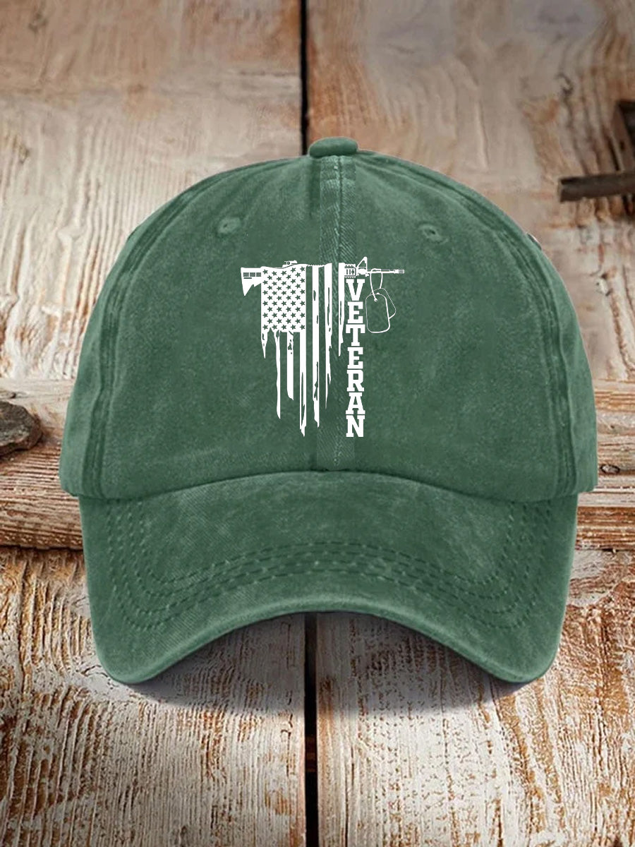 Gun And American Flag Veteran Pattern Washed And Distressed Hats