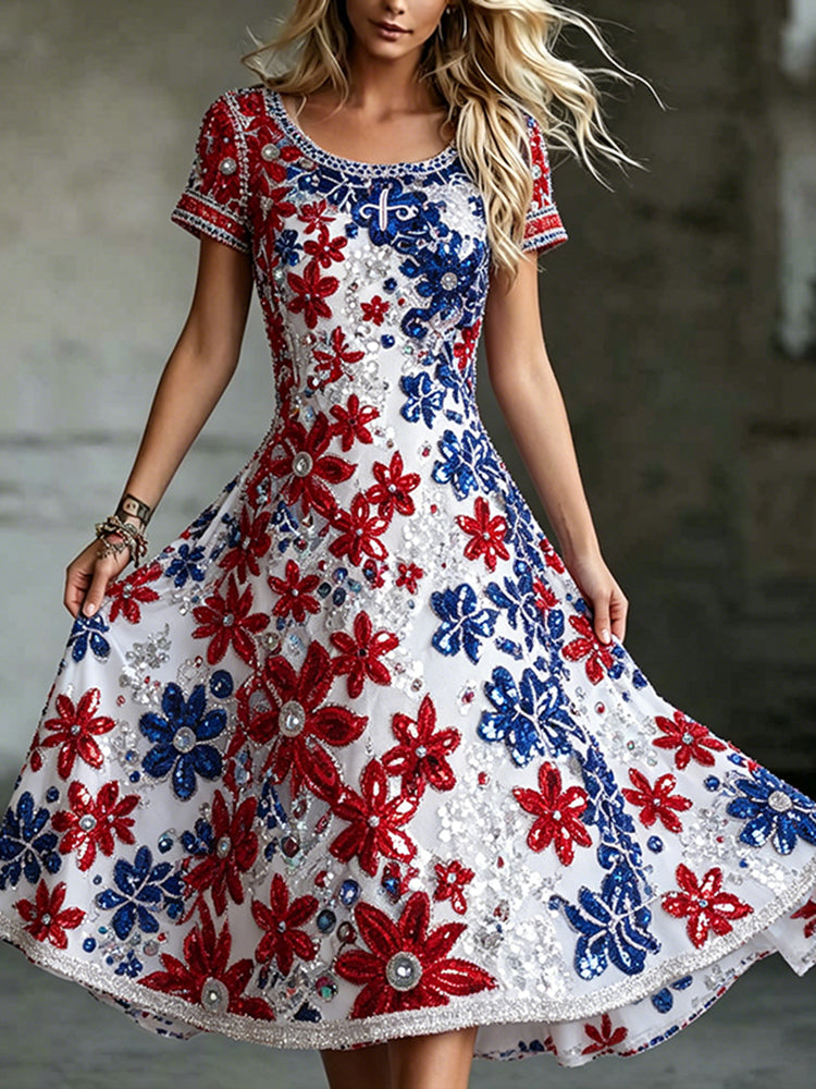 Women's Retro Independence Day Themed Casual Round Neck Dress