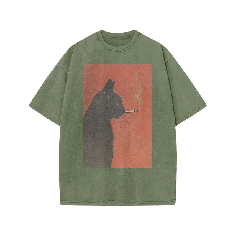 Cool Smoking Black Cat Print Acid Washed T-shirt