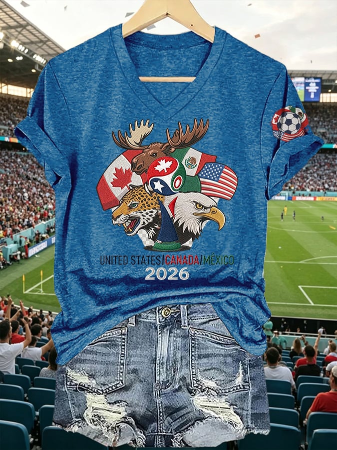 V-Neck Retro 2026 Soccer Mexico United States Canada Print T-Shirt