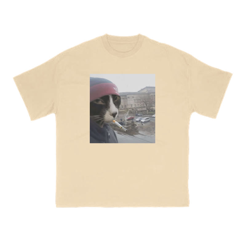 Unisex Smoking Street Style Cat Print T-shirt