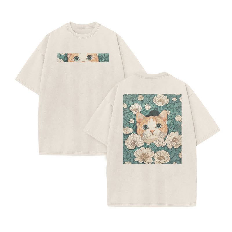 A Black Cat Hidden Among Clusters Of White Flowers Print Acid Washed T-shirt