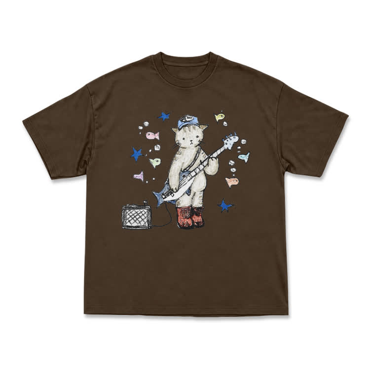 Artistic Star and Fish Guitar Cat Illustration T-Shirt