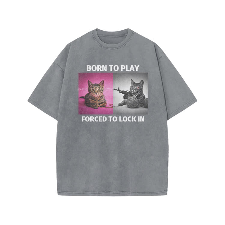 Casual Born to Play Cat Graphic Print Acid Washed T-shirt