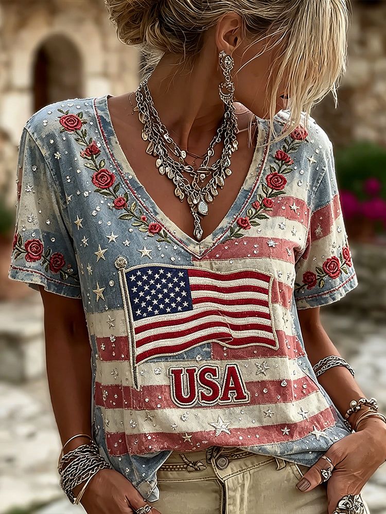 Women's American Flag And Floral Art Print Casual T-shirt