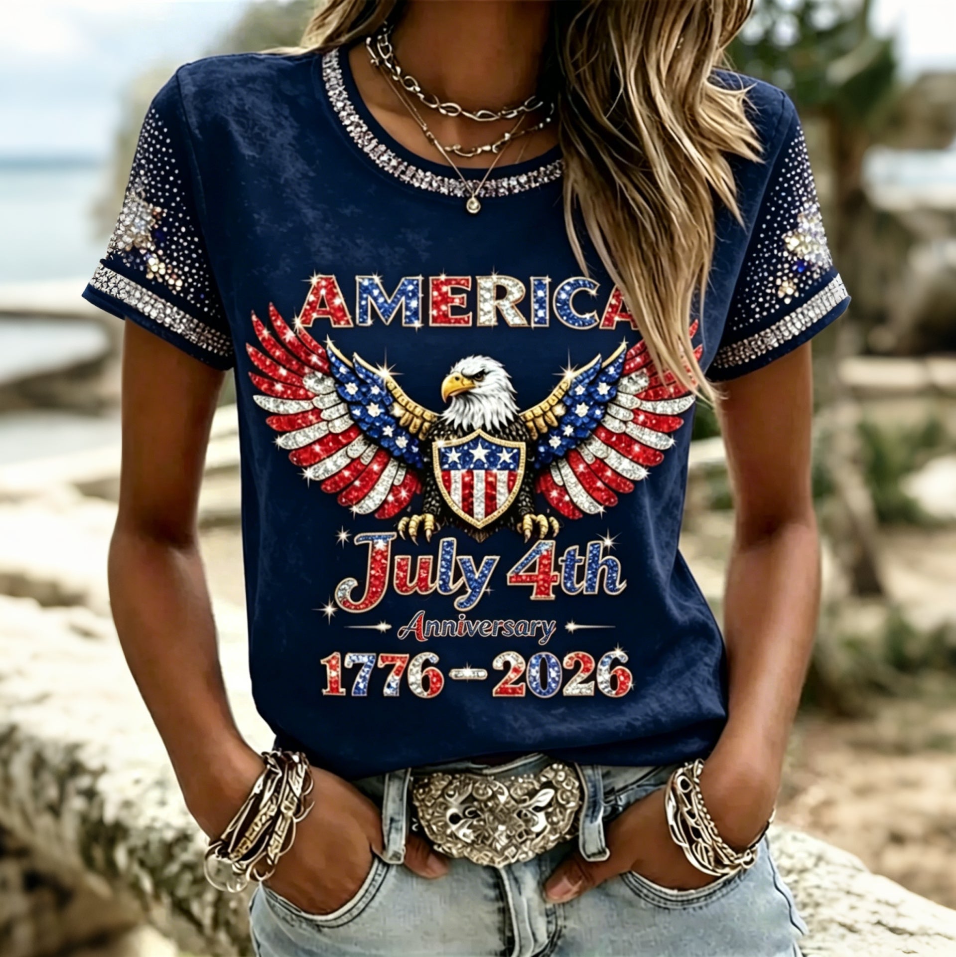 Women's American Anniversary Hot Drill Design T-shirt