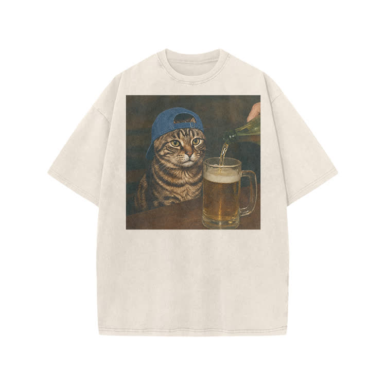 Vintage Beer Cat Graphic Print Acid Washed T-shirt