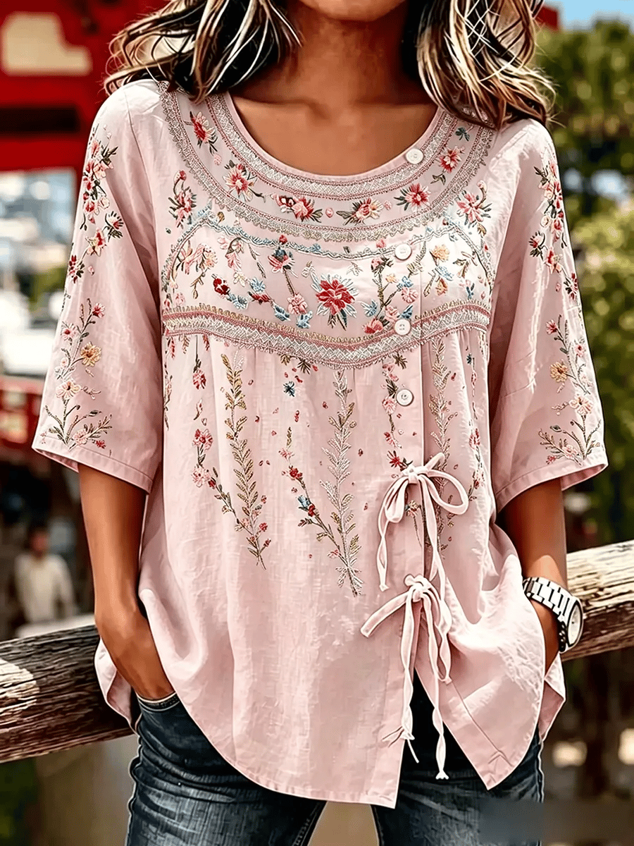 Women's  Retro Breast Cancer Floral Print Button Lace Up Tie Shirt