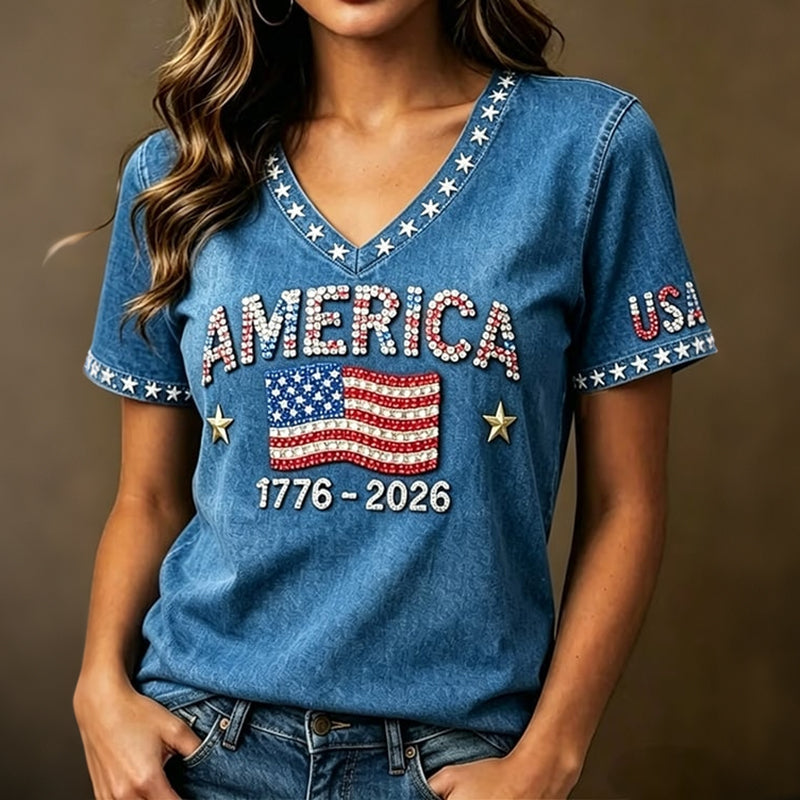 Women's Anniversary Art Print Casual V-neck T-shirt