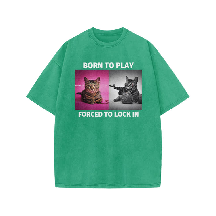 Casual Born to Play Cat Graphic Print Acid Washed T-shirt